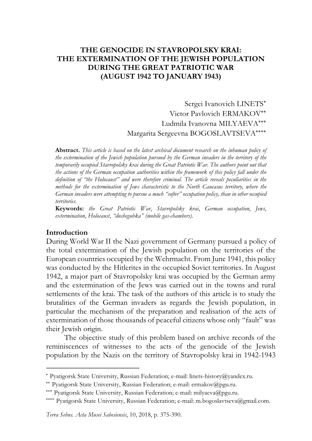 The Genocide in Stavropolsky Krai: the Extermination of the Jewish Population During the Great Patriotic War (August 1942 to January 1943)