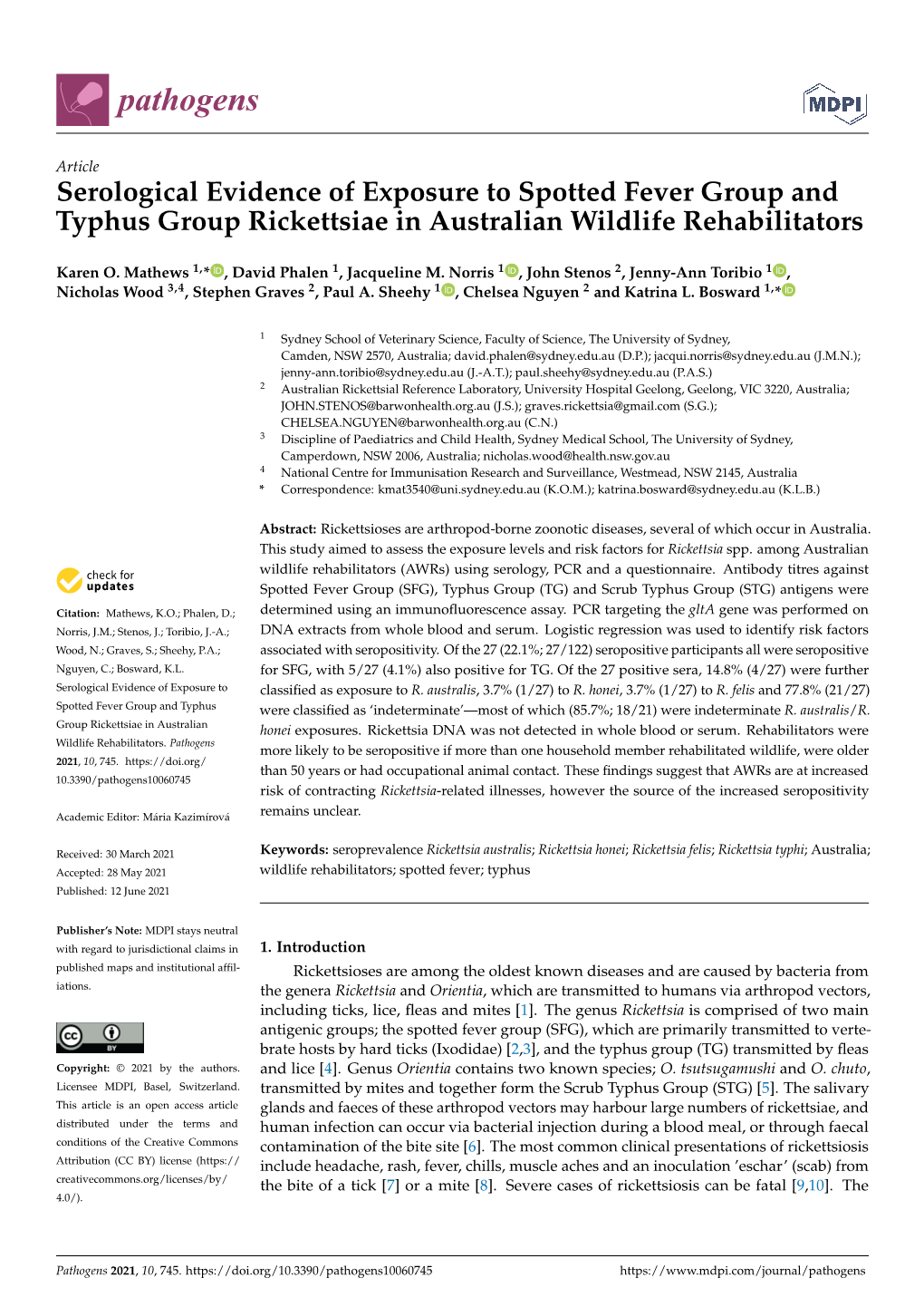 Serological Evidence of Exposure to Spotted Fever Group and Typhus Group Rickettsiae in Australian Wildlife Rehabilitators
