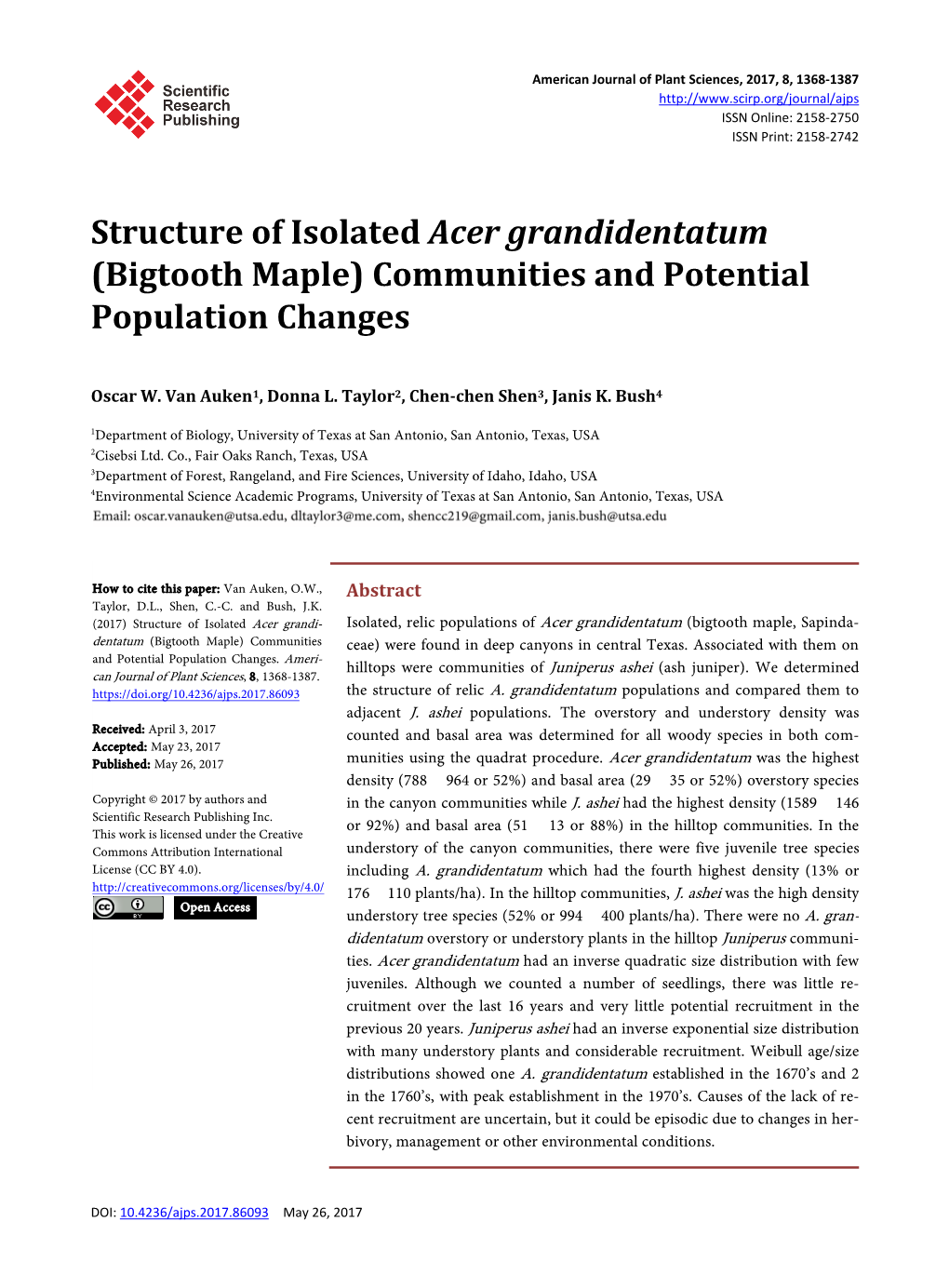 Structure of Isolated Acer Grandidentatum (Bigtooth Maple) Communities and Potential Population Changes