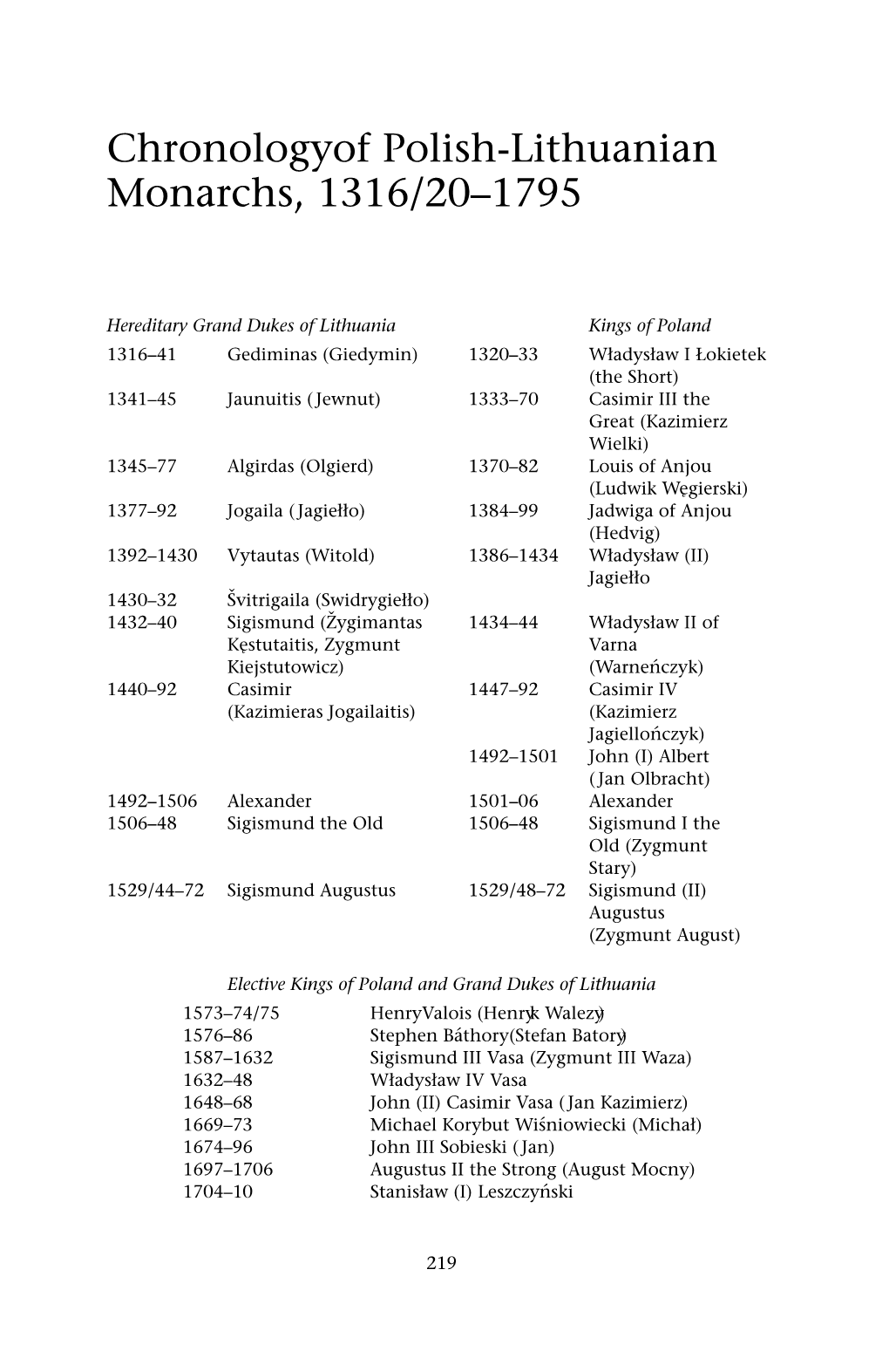 Chronology of Polish-Lithuanian Monarchs, 1316/20±1795