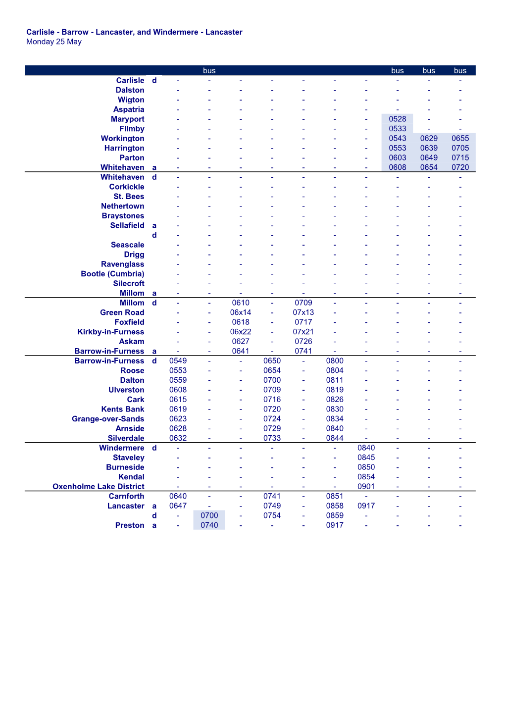Carlisle - Barrow - Lancaster, and Windermere - Lancaster Monday 25 May