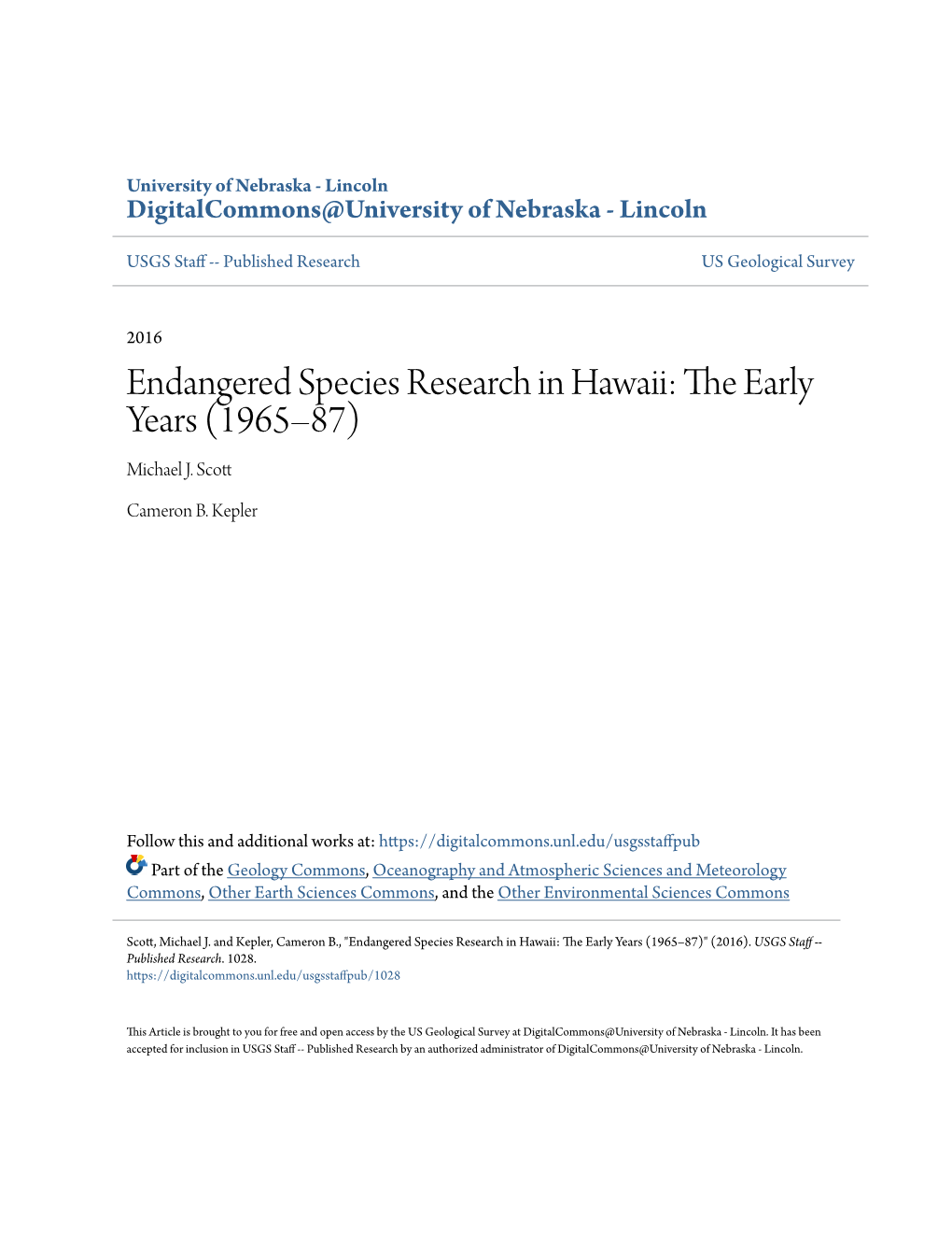 Endangered Species Research in Hawaii: the Ae Rly Years (1965–87) Michael J