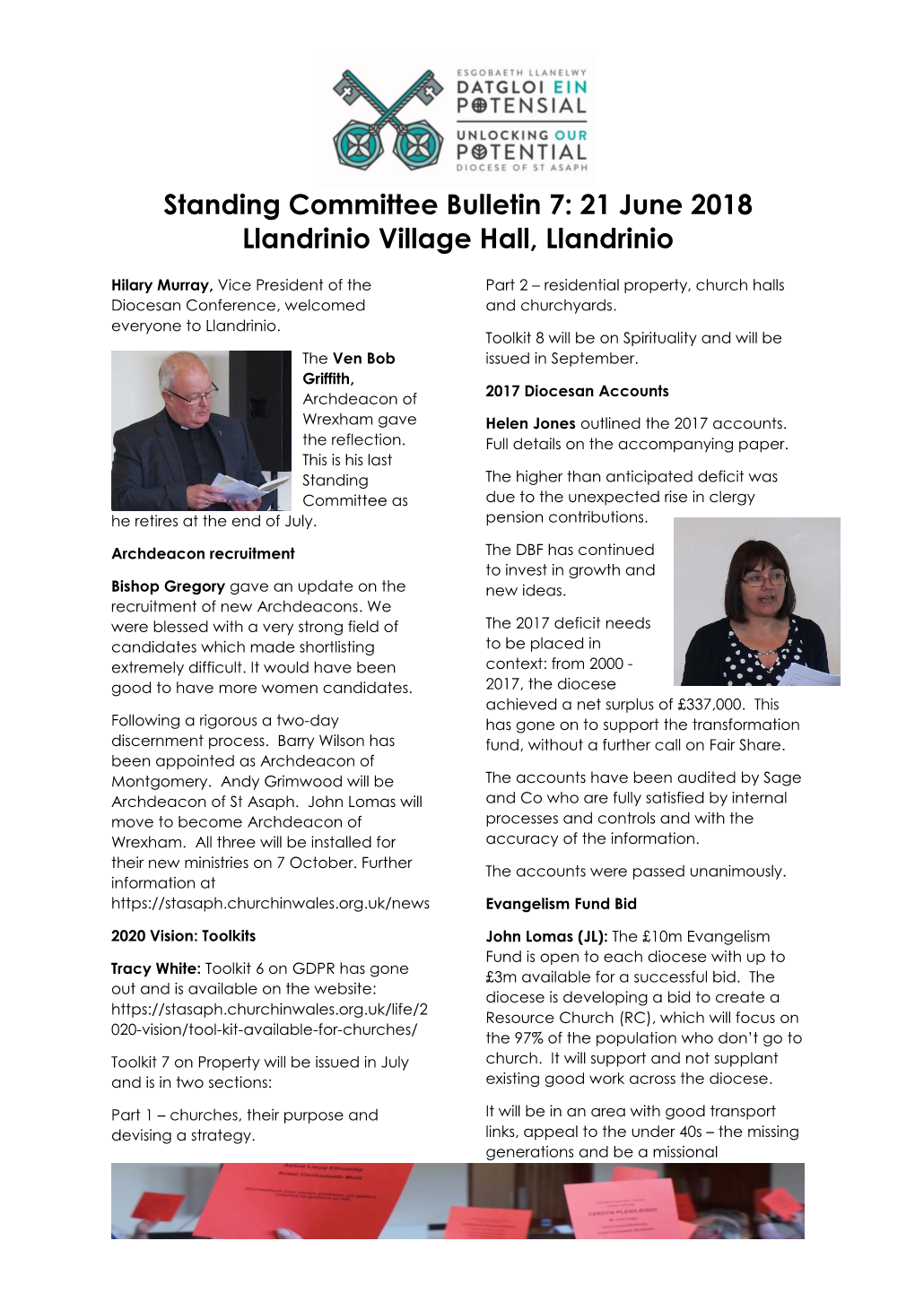 Standing Committee Bulletin 7: 21 June 2018 Llandrinio Village Hall, Llandrinio