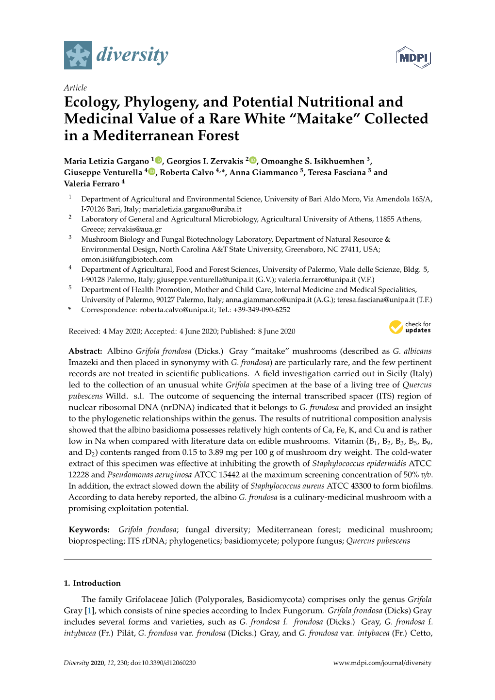 Ecology, Phylogeny, and Potential Nutritional and Medicinal Value of a Rare White “Maitake” Collected in a Mediterranean Forest