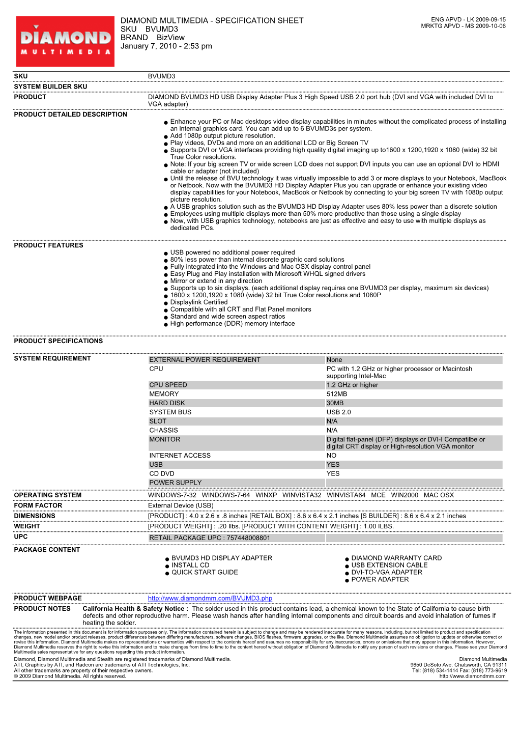 Specification Sheet Sku