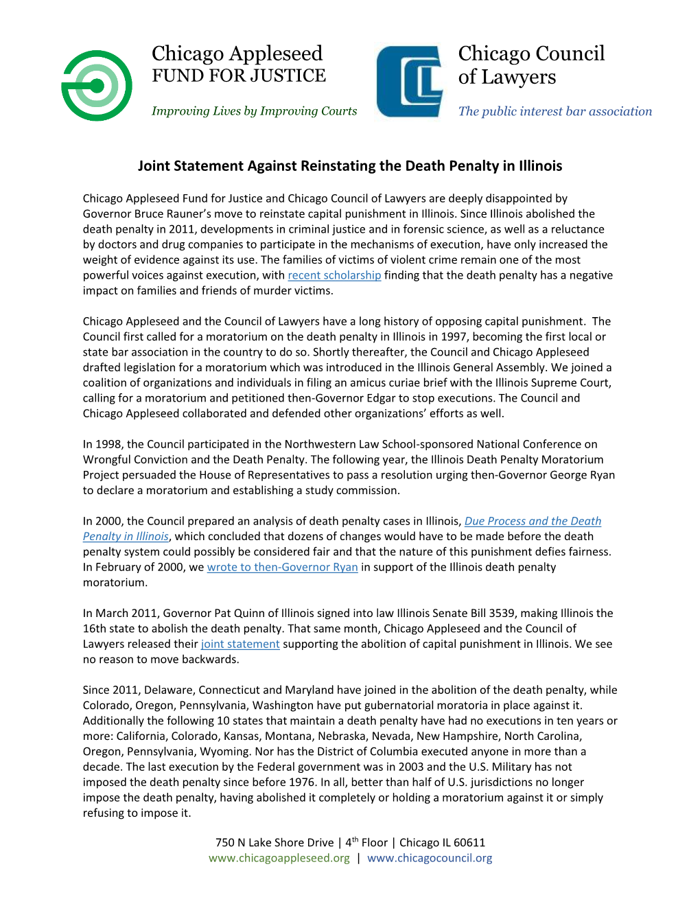 Chicago Council of Lawyers Are Deeply Disappointed by Governor Bruce Rauner’S Move to Reinstate Capital Punishment in Illinois