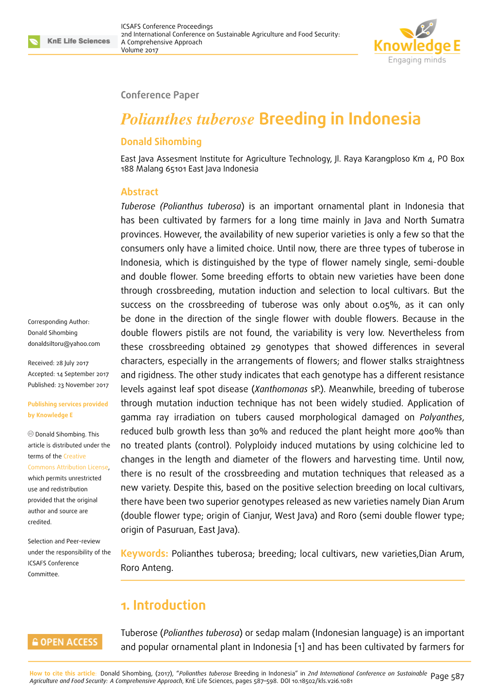 Polianthes Tuberose Breeding in Indonesia Donald Sihombing East Java Assesment Institute for Agriculture Technology, Jl