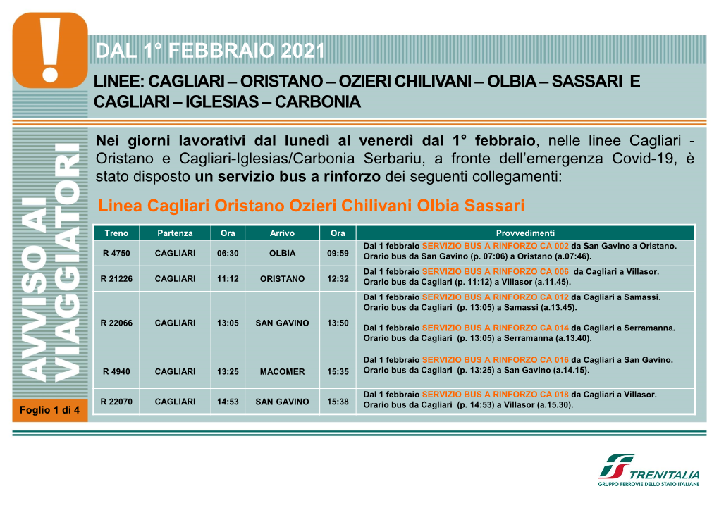 Dal 1° Febbraio 2021 Linee: Cagliari – Oristano – Ozieri Chilivani – Olbia – Sassari E Cagliari – Iglesias – Carbonia