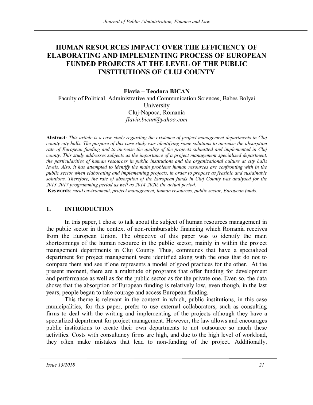 Human Resources Impact Over the Efficiency of Elaborating and Implementing Process of European Funded Projects at the Level of the Public Institutions of Cluj County