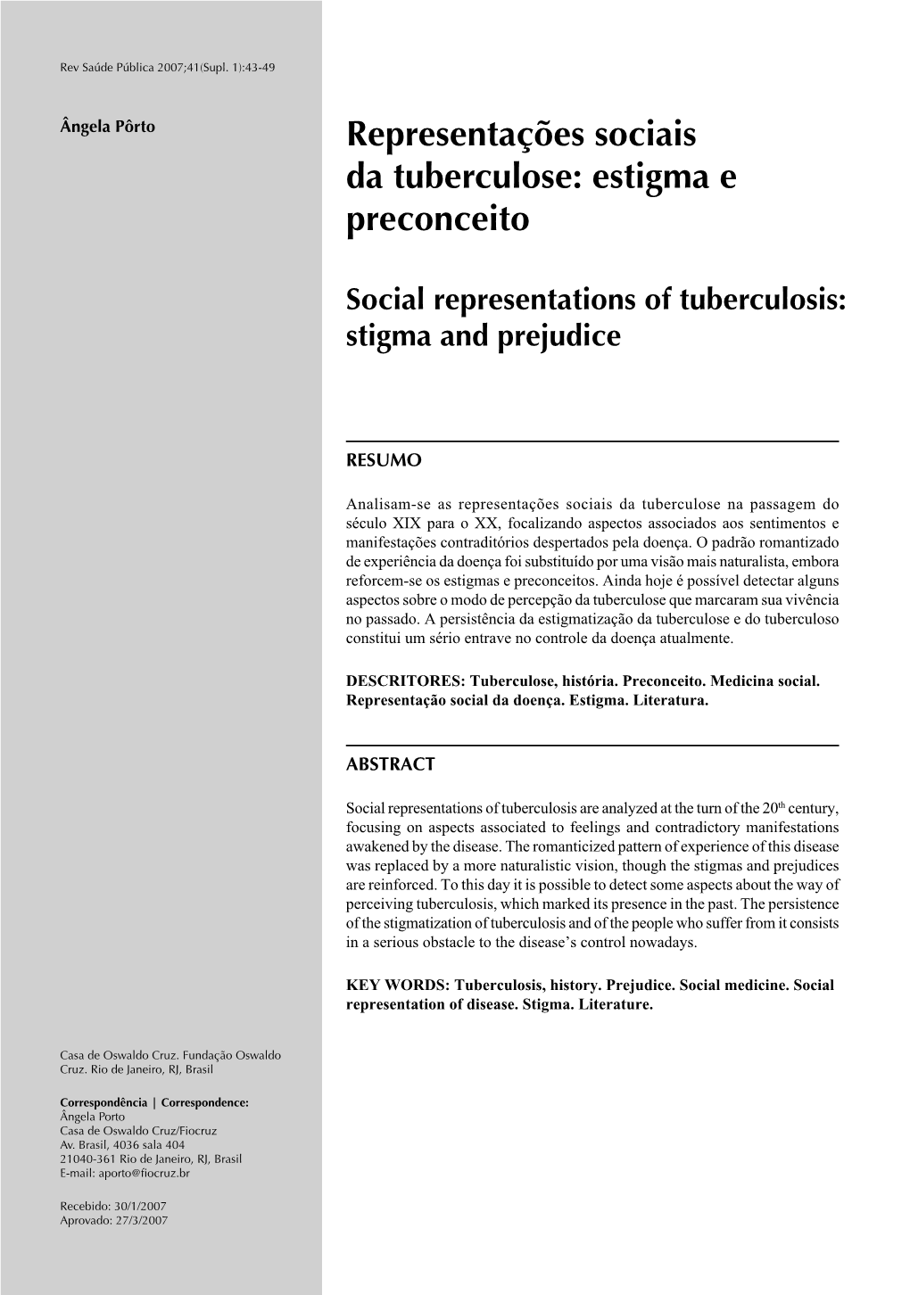 Social Representations of Tuberculosis: Stigma and Prejudice