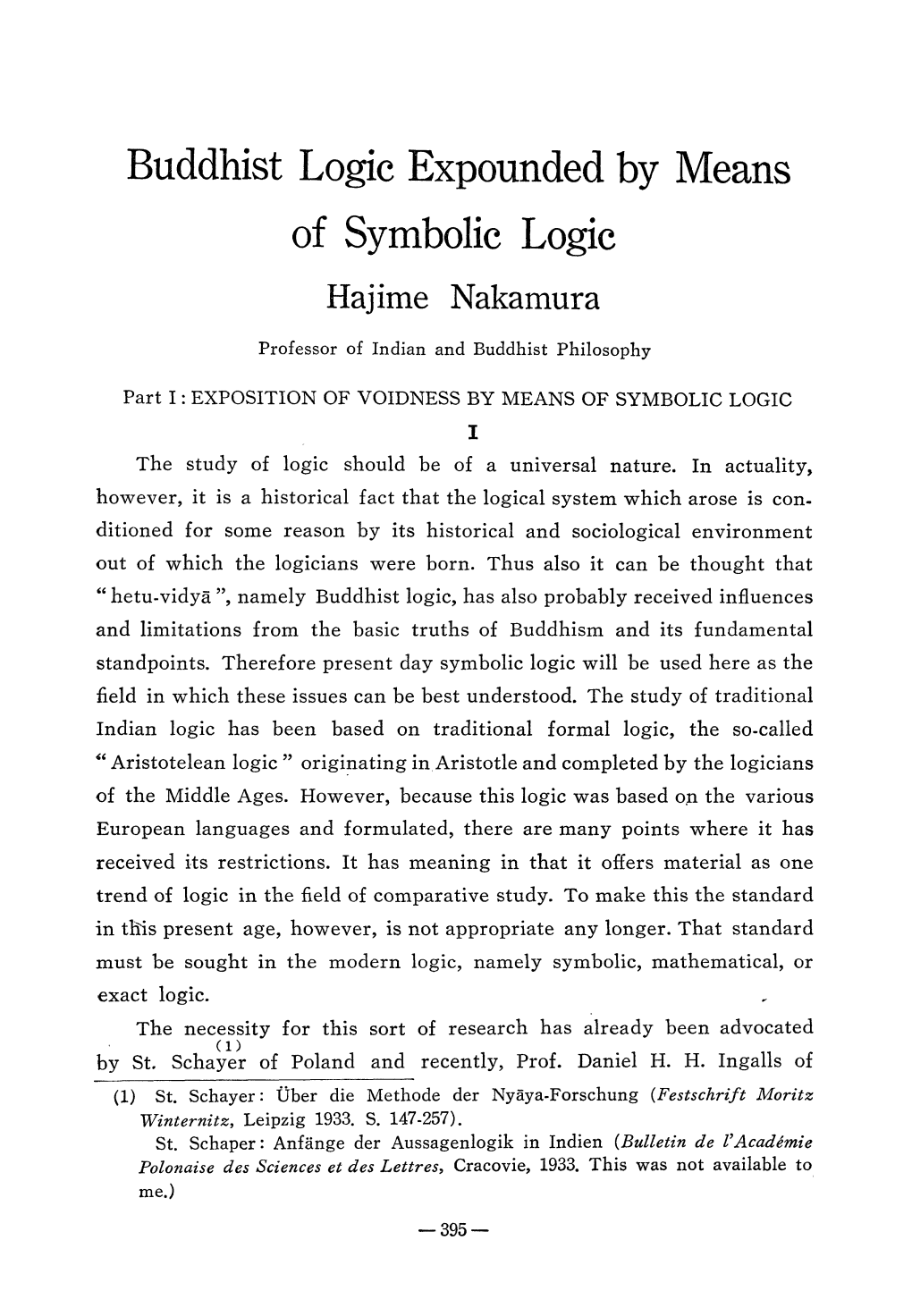 Buddhist Logic Expounded by Means of Symbolic Logic Hajime Nakamura