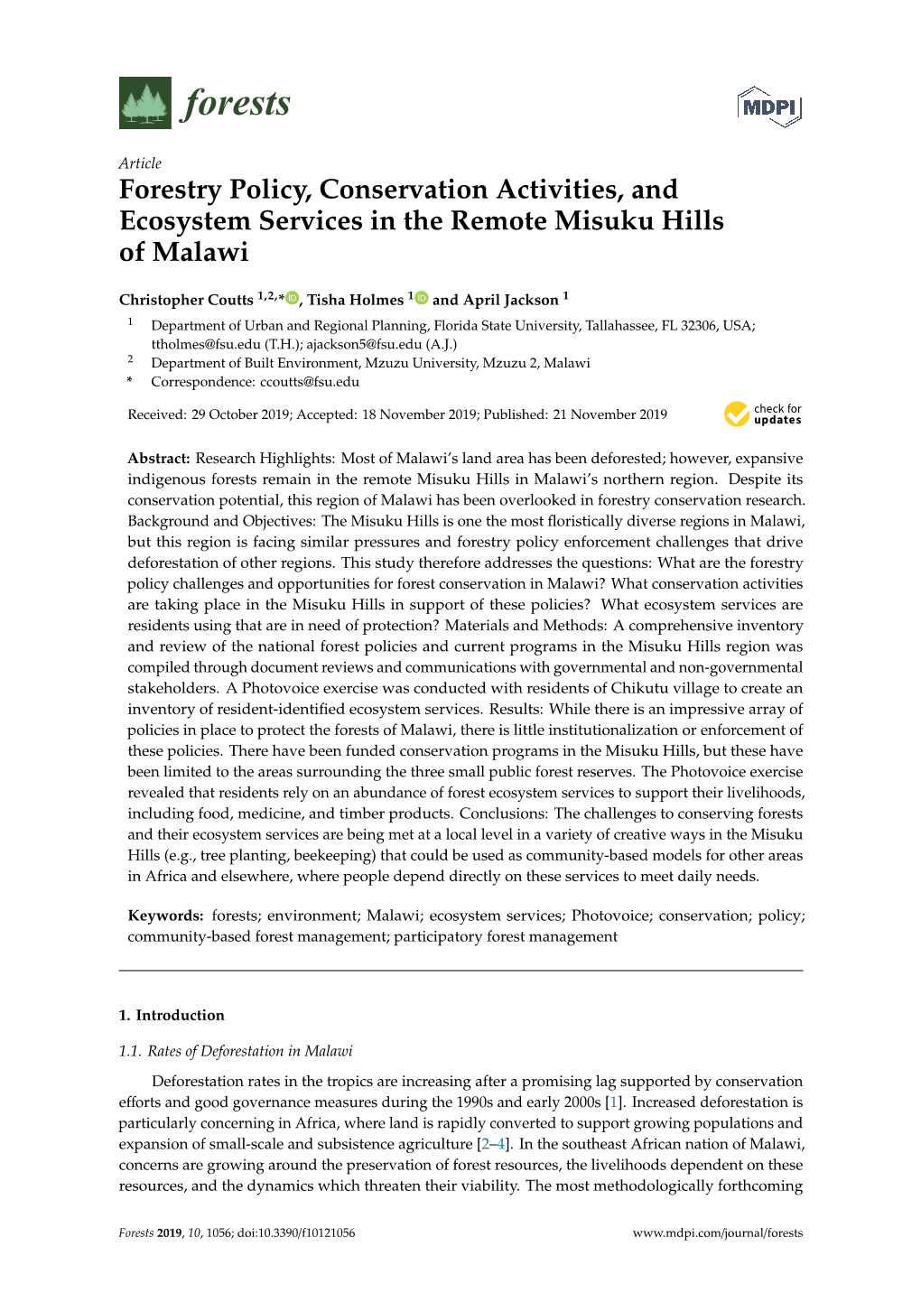 Forestry Policy, Conservation Activities, and Ecosystem Services in the Remote Misuku Hills of Malawi