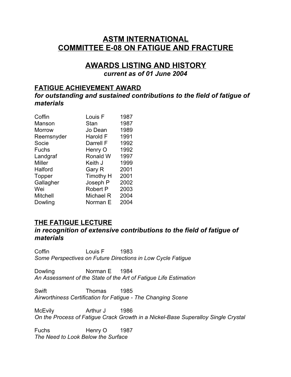 Committee E-08 on Fatigue and Fracture