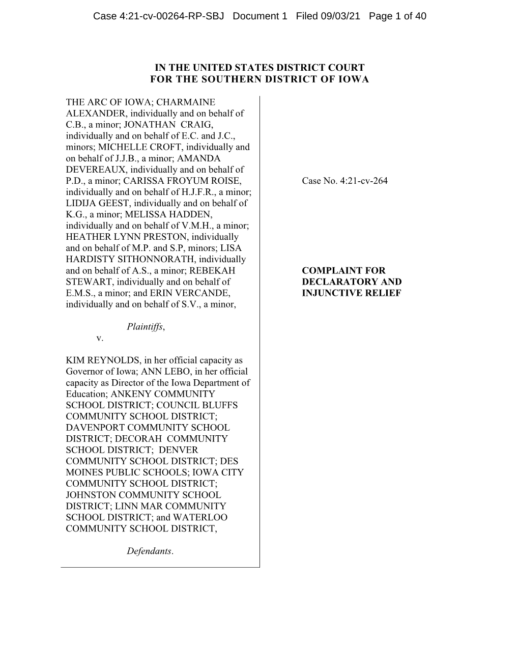 Case 4:21-Cv-00264-RP-SBJ Document 1 Filed 09/03/21 Page 1 of 40