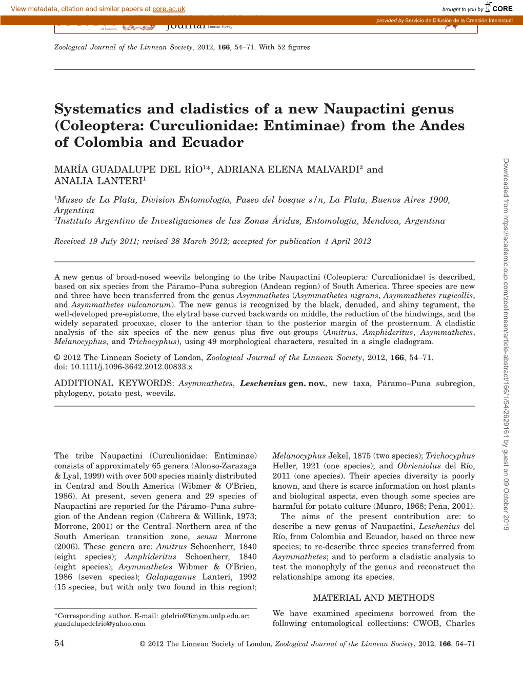 Systematics and Cladistics of a New Naupactini Genus