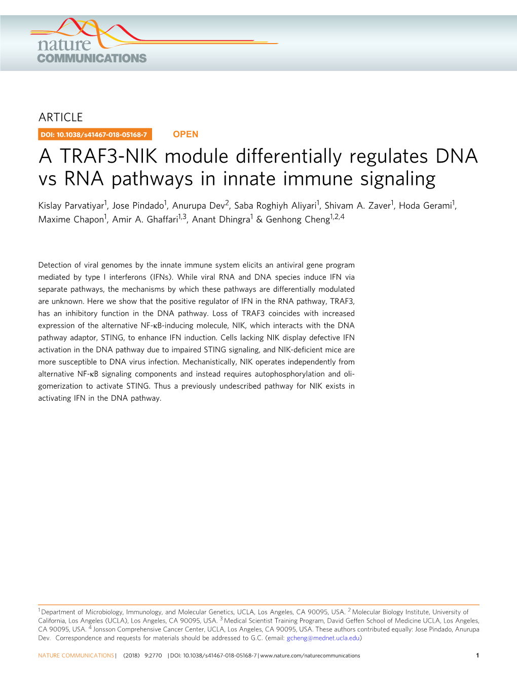 A TRAF3-NIK Module Differentially Regulates DNA Vs RNA Pathways in Innate Immune Signaling