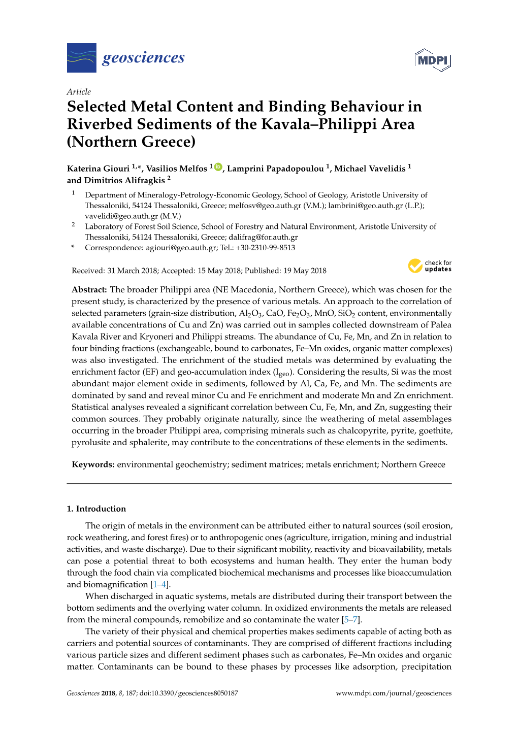 Selected Metal Content and Binding Behaviour in Riverbed Sediments of the Kavala–Philippi Area (Northern Greece)