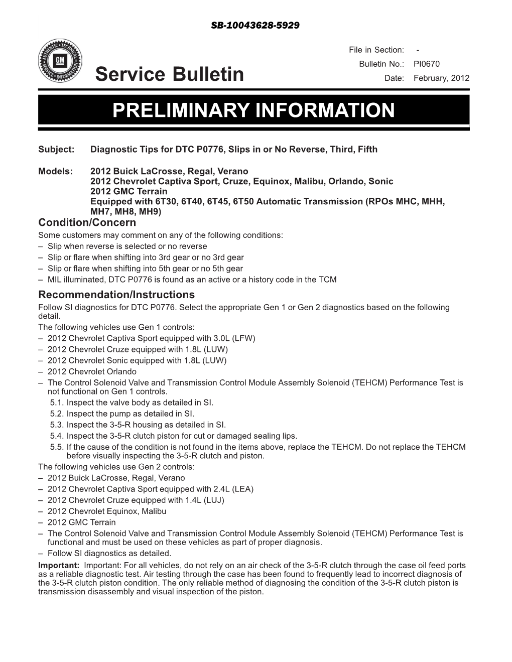 Service Bulletin PRELIMINARY INFORMATION