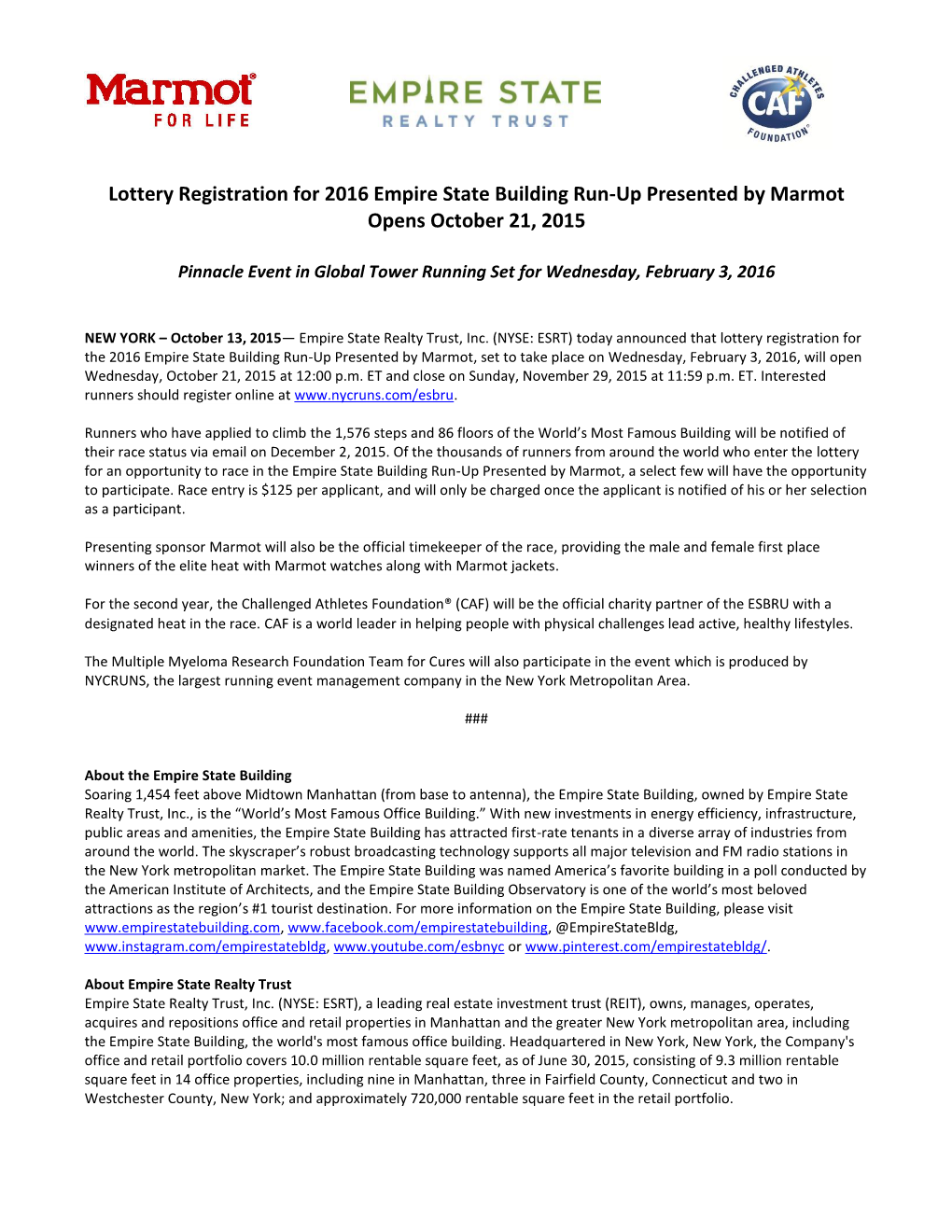 Lottery Registration for 2016 Empire State Building Run-Up Presented by Marmot Opens October 21, 2015