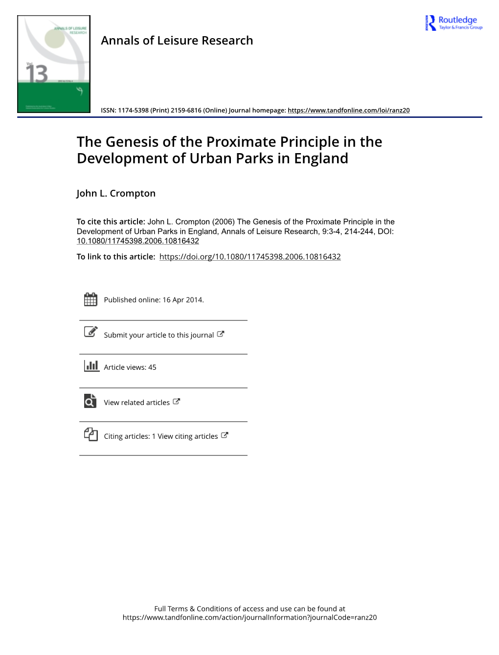 The Genesis of the Proximate Principle in the Development of Urban Parks in England