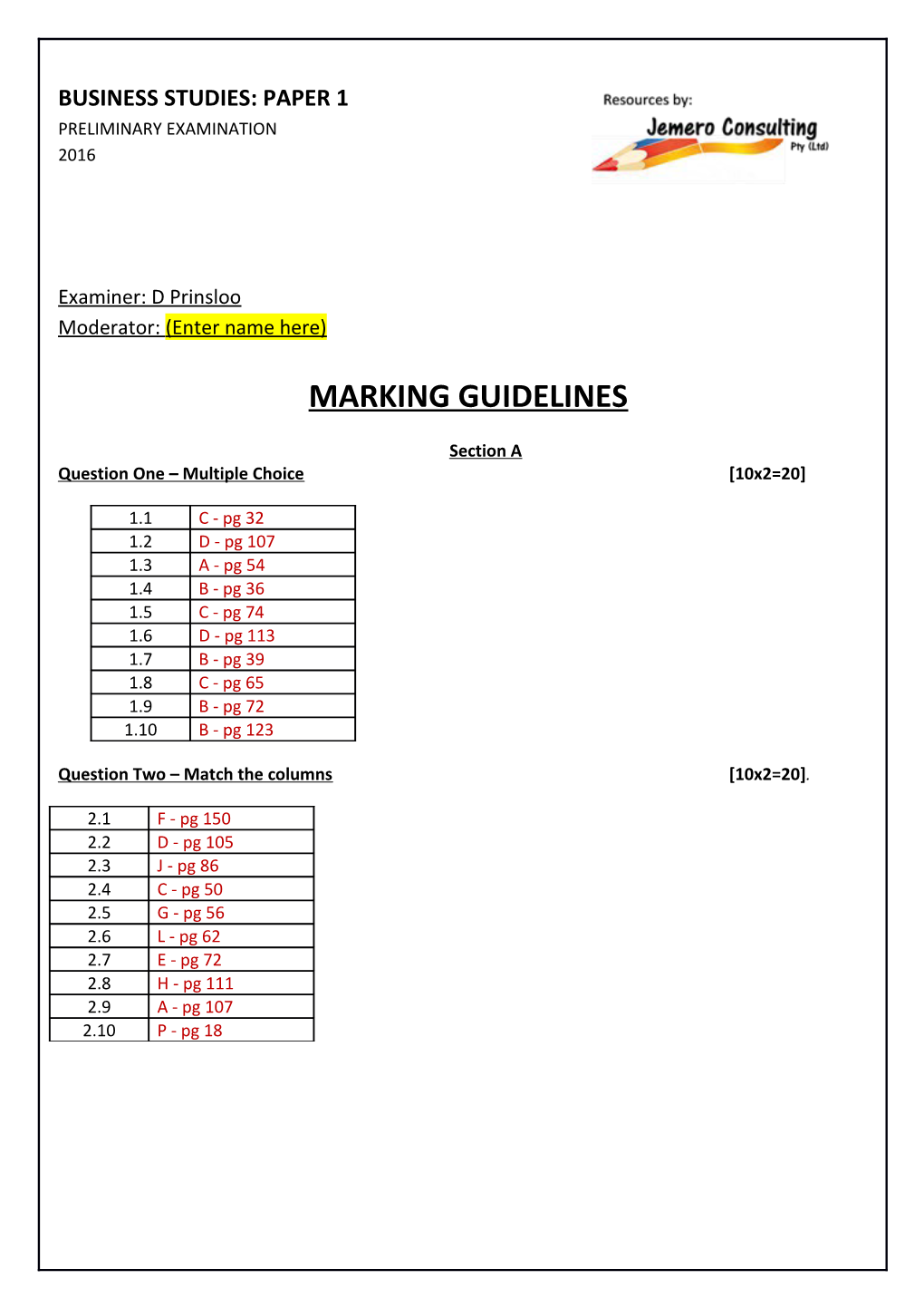 PRELIMINARY EXAMINATION - BUSINESS STUDIES - PAPER 1 MARKING GUIDELINES Page 14 of 14