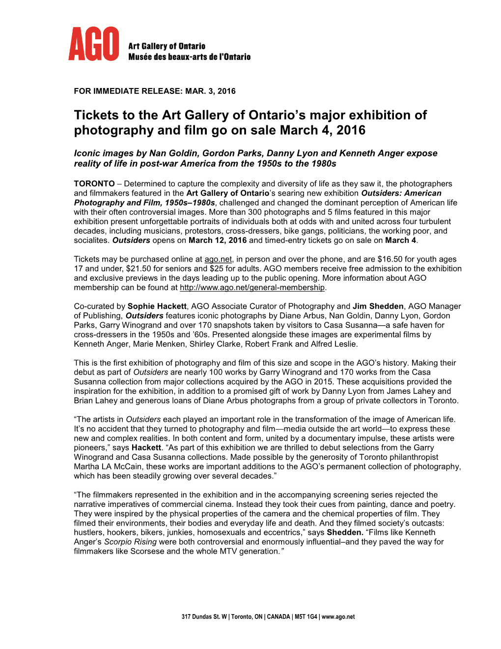 Tickets to the Art Gallery of Ontario's