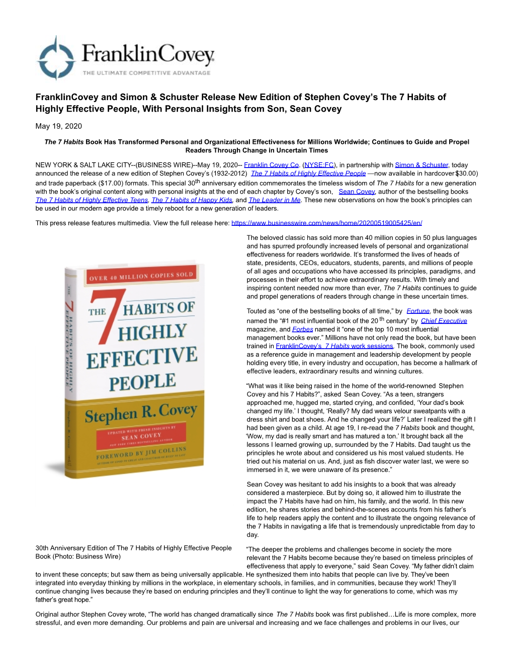 Franklincovey and Simon & Schuster Release New Edition of Stephen Covey's the 7 Habits of Highly Effective People, with Pe