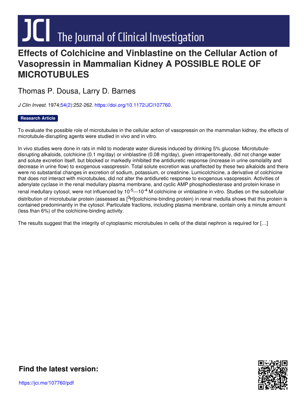 Effects of Colchicine and Vinblastine on the Cellular Action of Vasopressin in Mammalian Kidney a POSSIBLE ROLE of MICROTUBULES