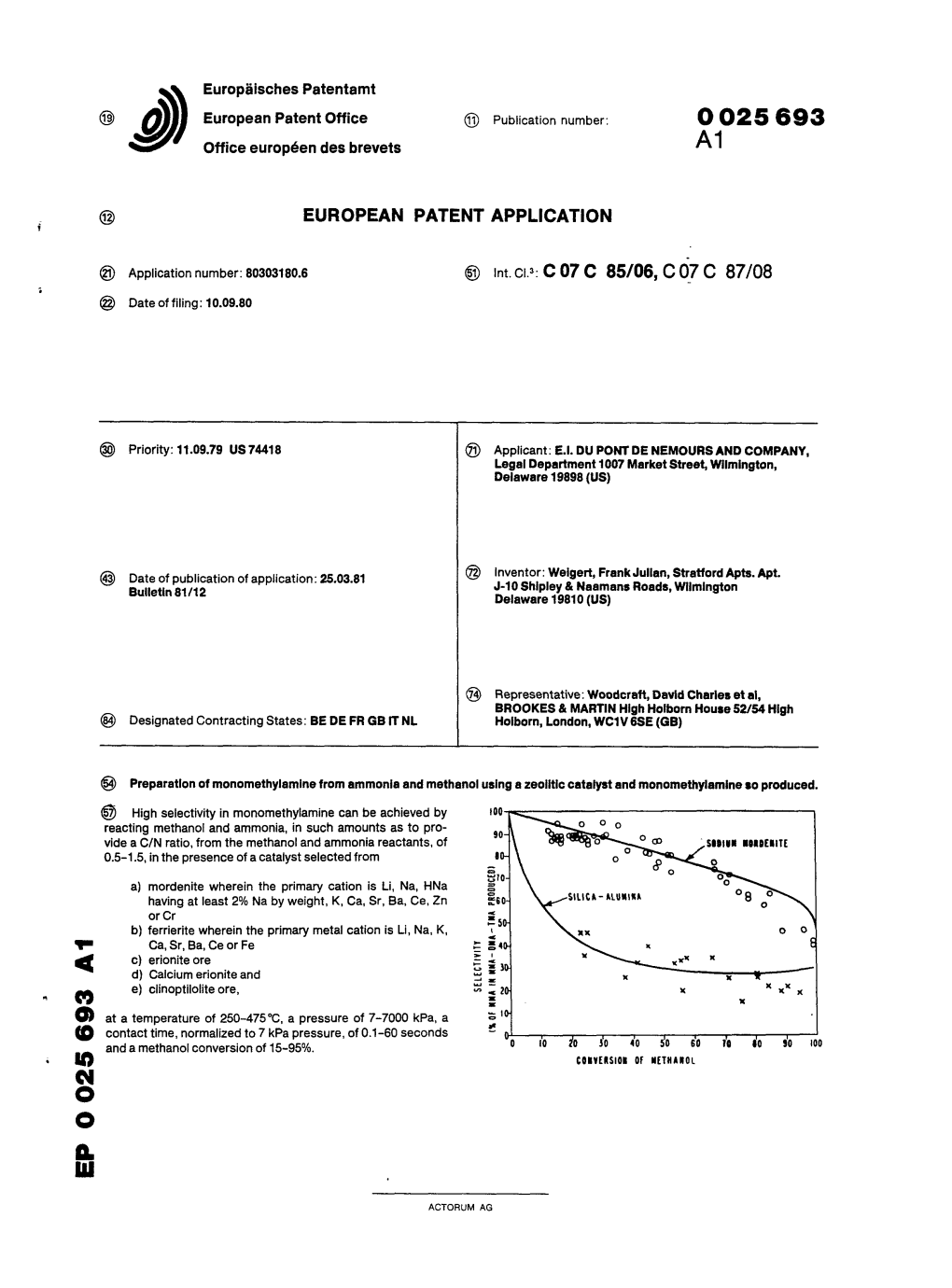 Preparation of Monomethylamine from Ammonia and Methanol Using a Zeolitlc Catalyst and Monomethylamine So Produced