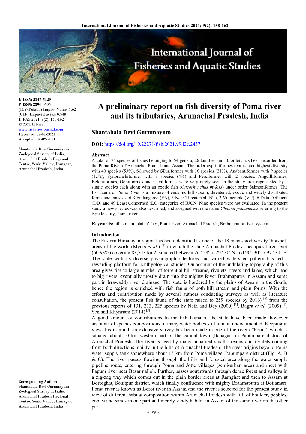 A Preliminary Report on Fish Diversity of Poma River and Its Tributaries