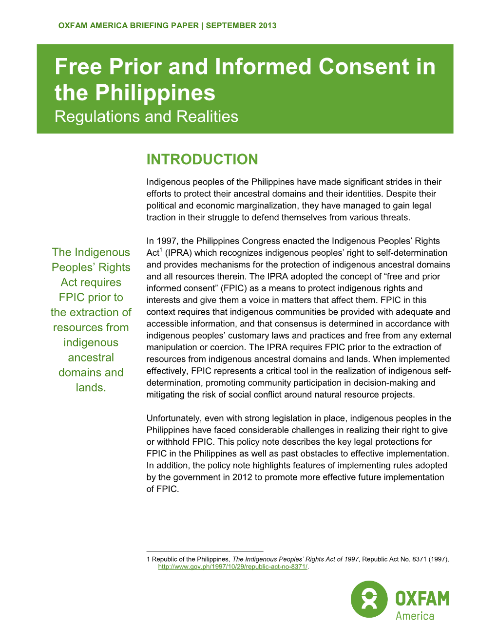Free Prior and Informed Consent in the Philippines: Regulations