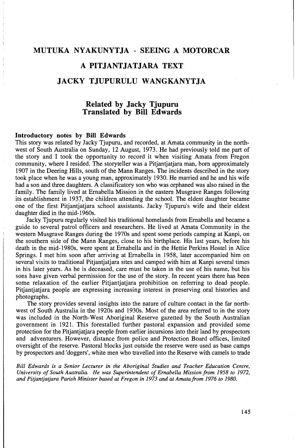 MUTUKA NYAKUNYTJA SEEING a MOTORCAR a PITJANTJATJARA TEXT JACKY TJUPURULU WANGKANYTJA Related by Jacky Tjupuru Translated By