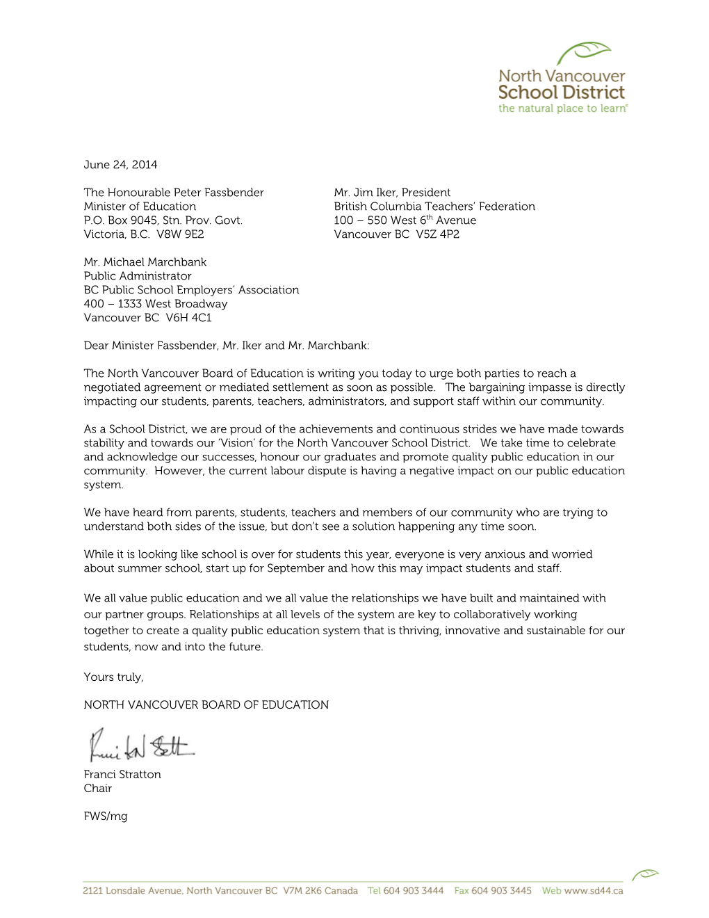 Letter from Board Chair Franci Stratton to Education Minister Peter