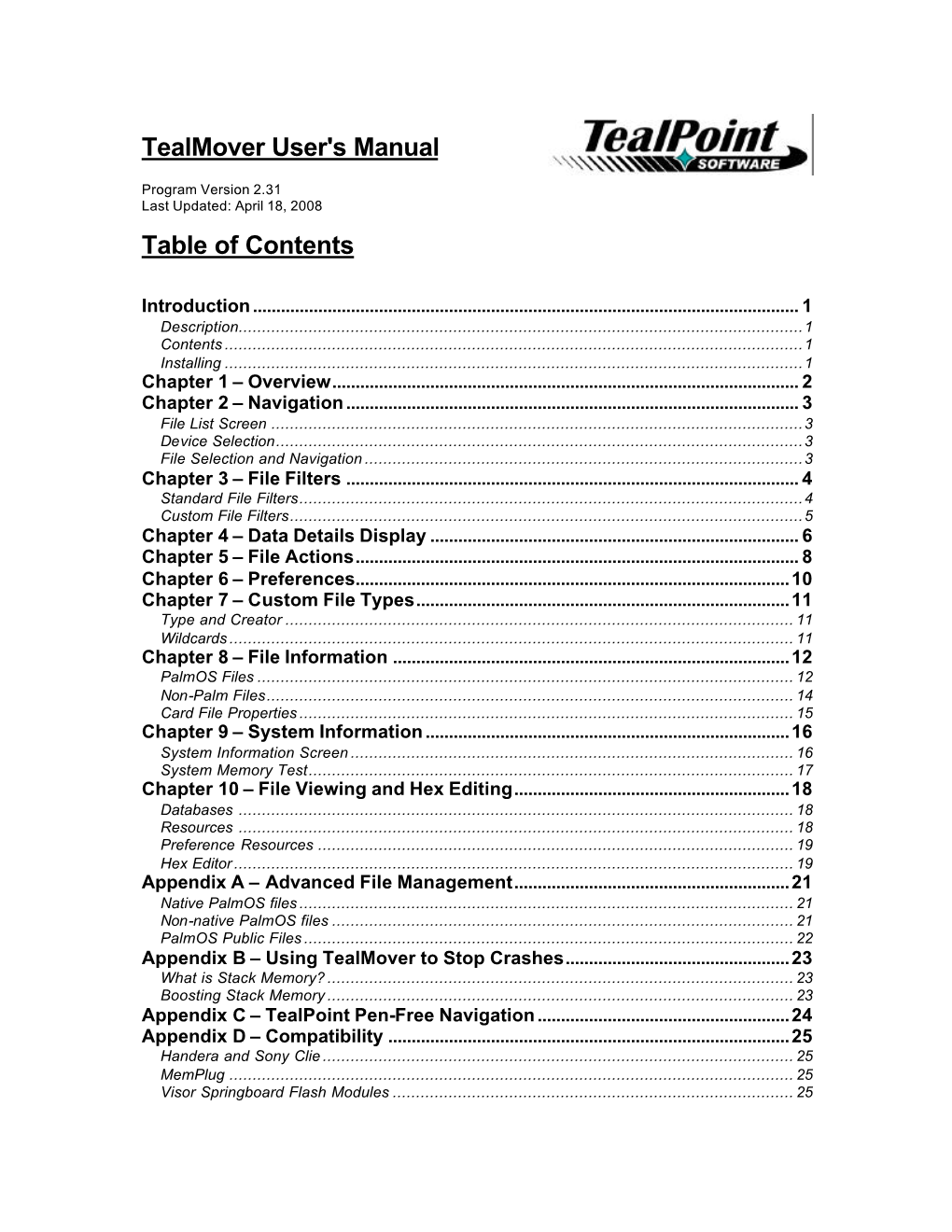 Tealmover User's Manual Table of Contents