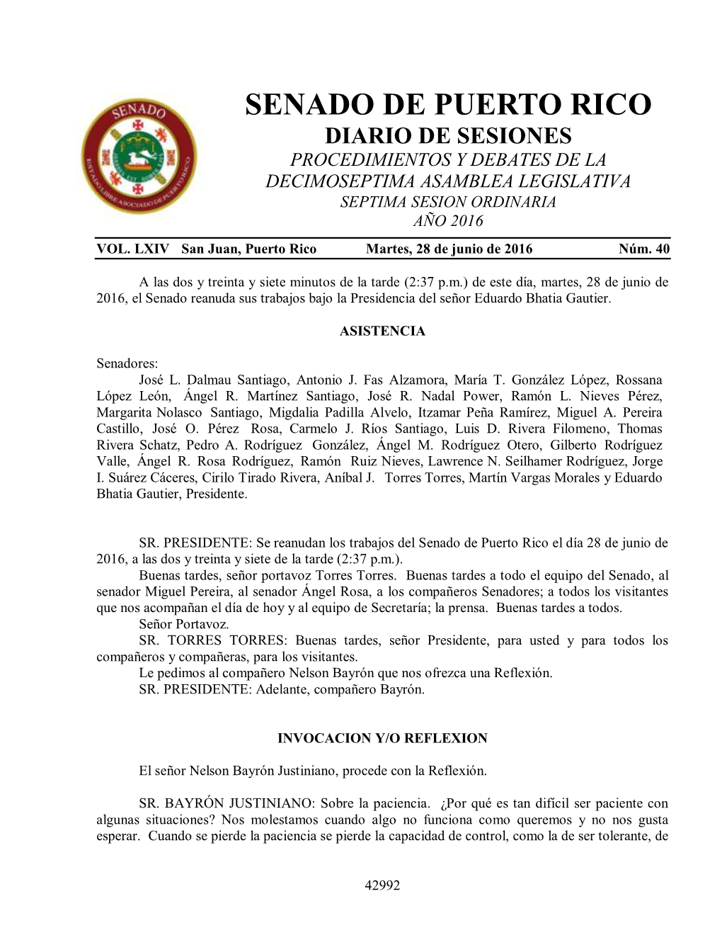 Senado De Puerto Rico Diario De Sesiones Procedimientos Y Debates De La Decimoseptima Asamblea Legislativa Septima Sesion Ordinaria Año 2016 Vol