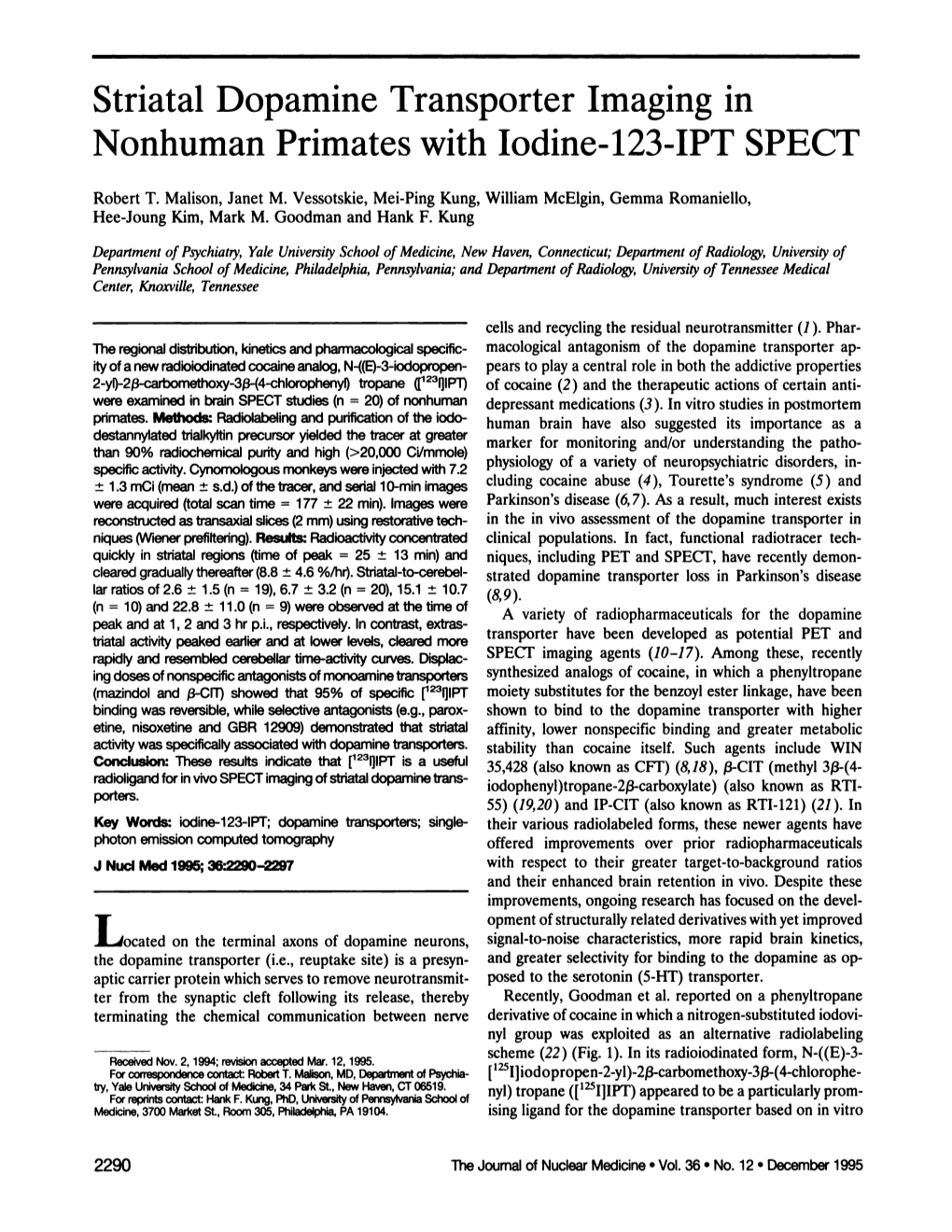 Striatal Dopamine Transporter Imaging in Nonhuman Primates with Iodine-123-IPT SPECT