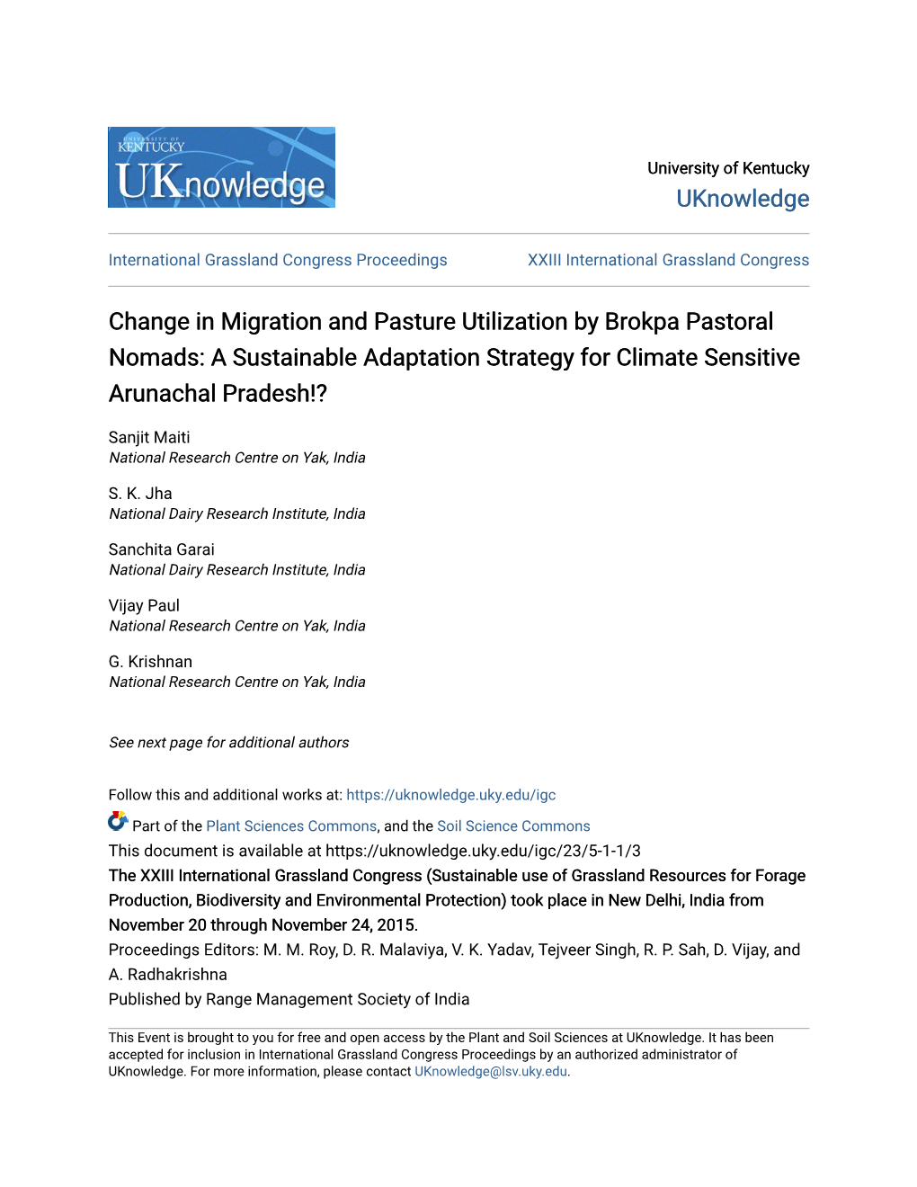 Change in Migration and Pasture Utilization by Brokpa Pastoral Nomads: a Sustainable Adaptation Strategy for Climate Sensitive Arunachal Pradesh!?