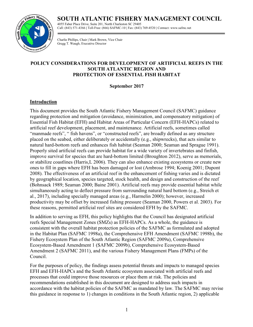 Artificial Reefs in the South Atlantic Region and Protection of Essential Fish Habitat