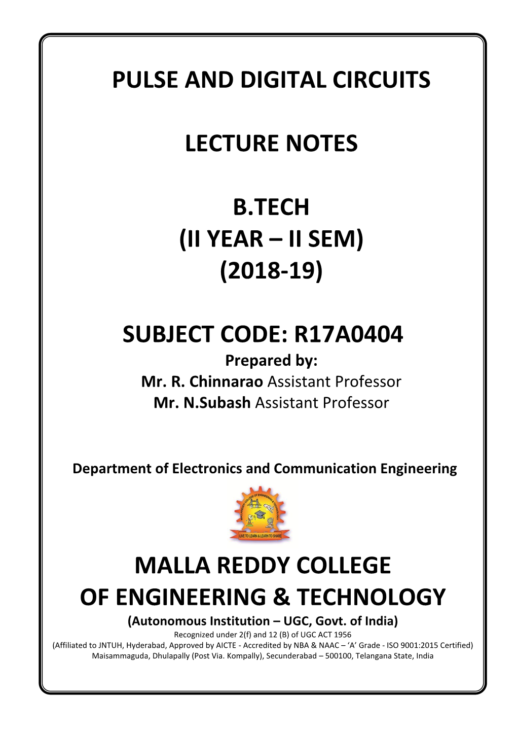 Pulse and Digital Circuits Lecture Notes B.Tech (Ii Year – Ii Sem)