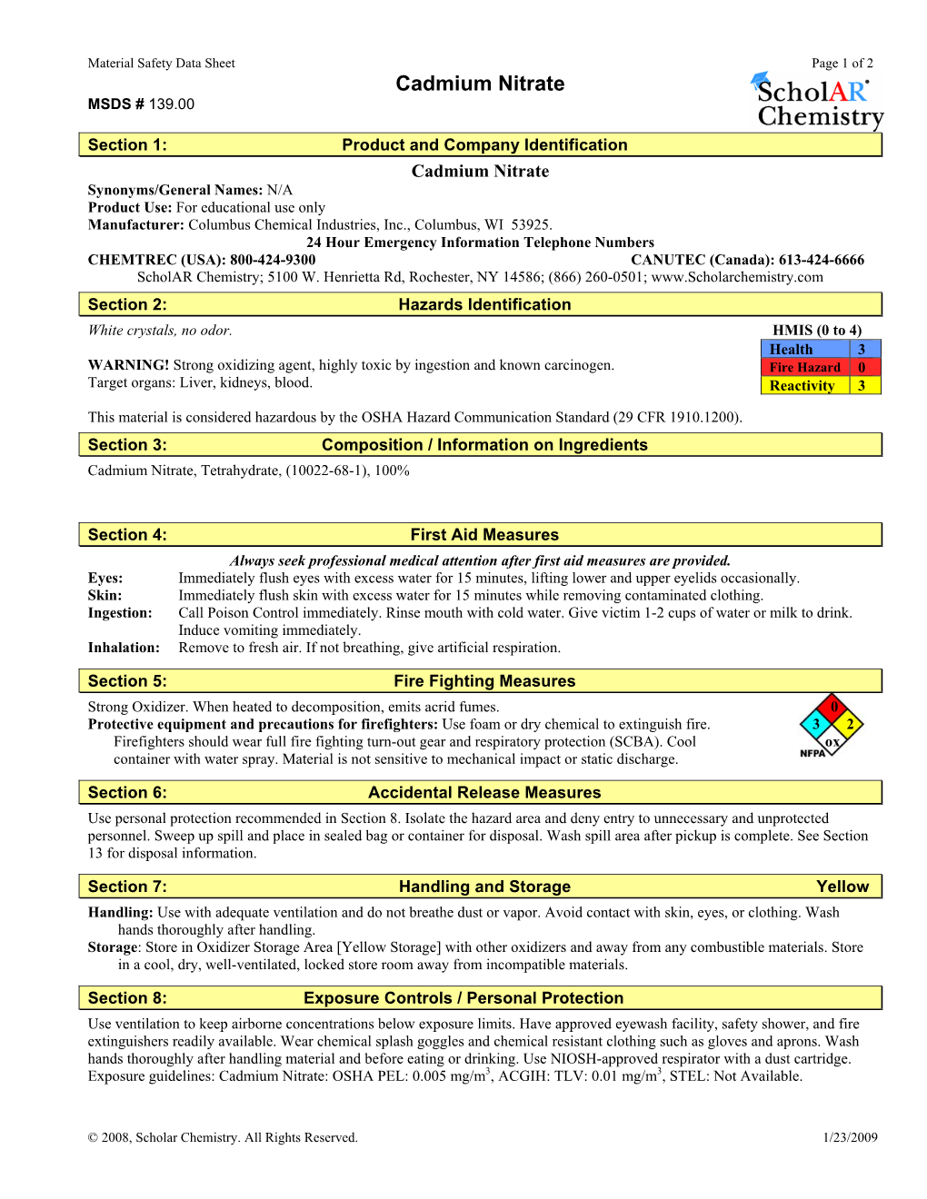 Cadmium Nitrate MSDS # 139.00