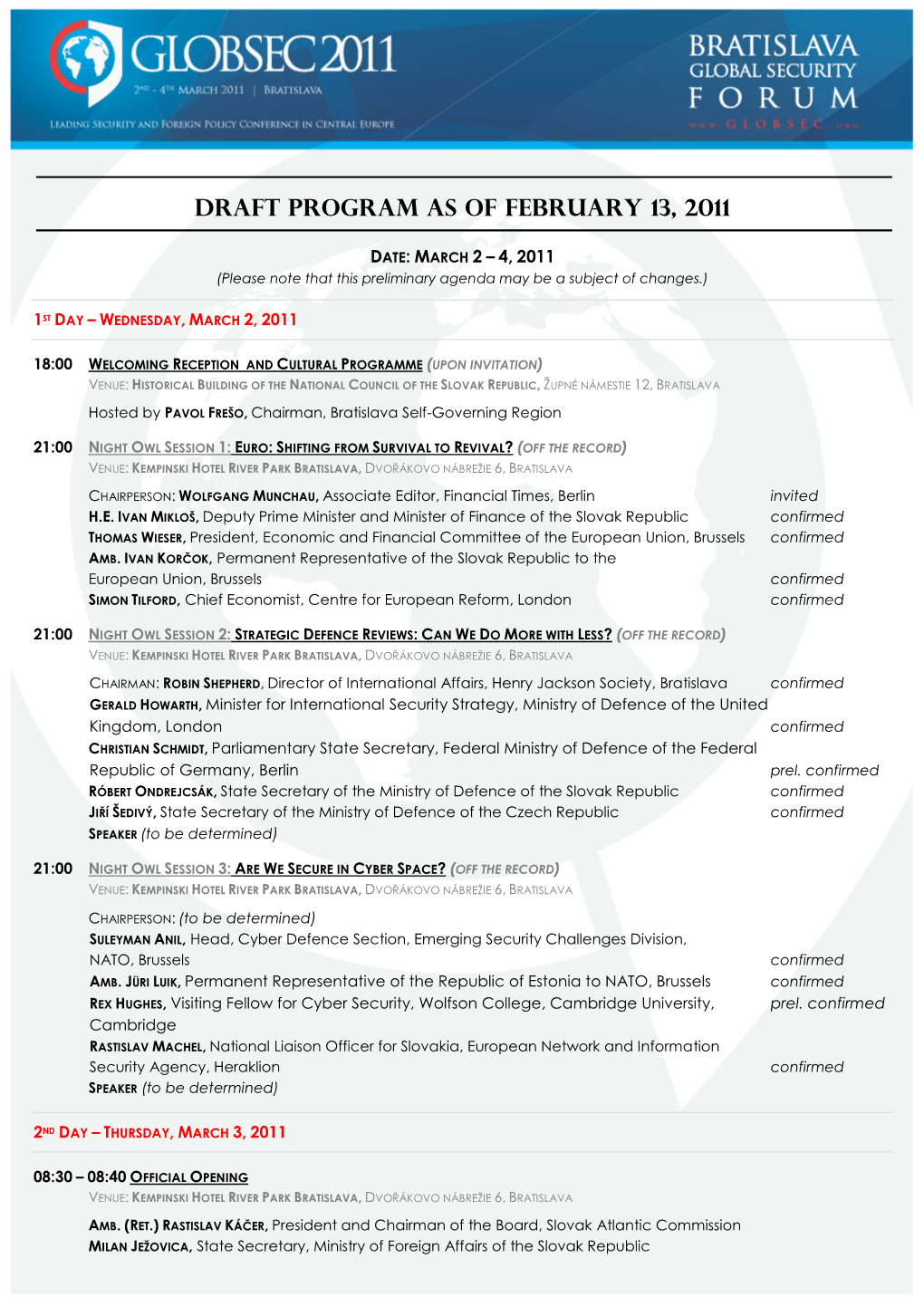 Draft PROGRAM As of February 13, 2011