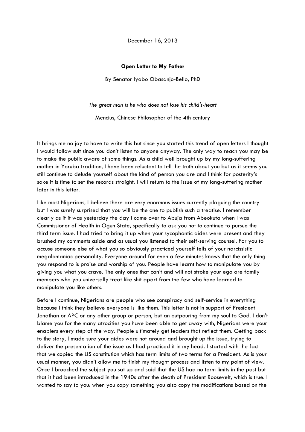 December 16, 2013 Open Letter to My Father by Senator Iyabo Obasanjo