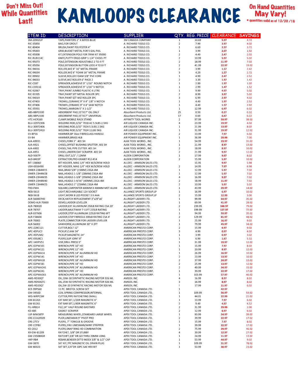 KAMLOOPS CLEARANCE * Quantities Valid As of 12/20 /16