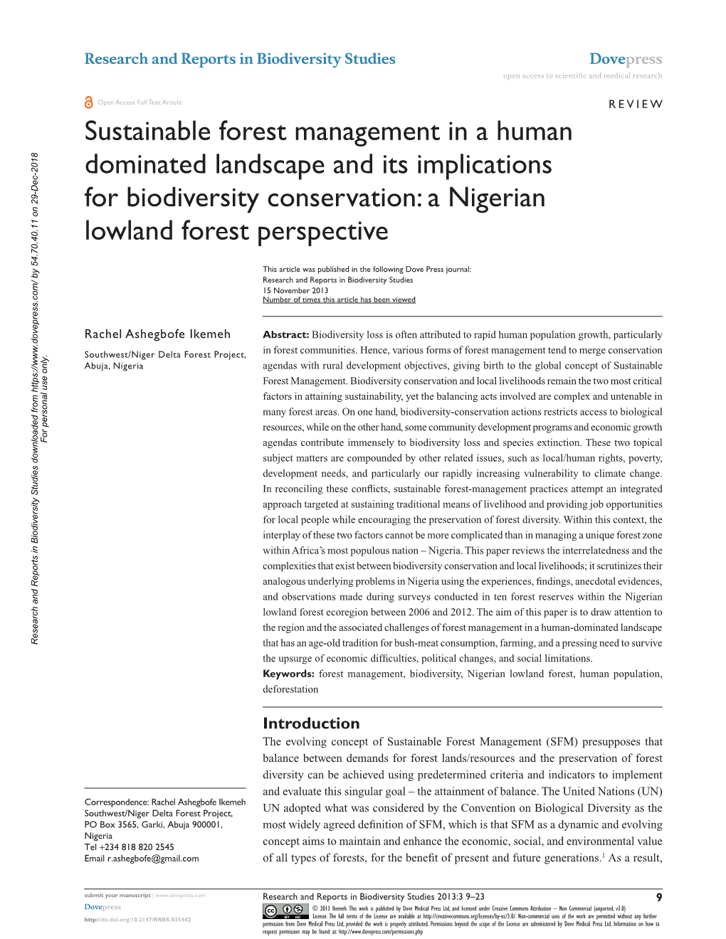 Sustainable Forest Management in a Human Dominated Landscape and Its Implications for Biodiversity Conservation: a Nigerian Lowland Forest Perspective