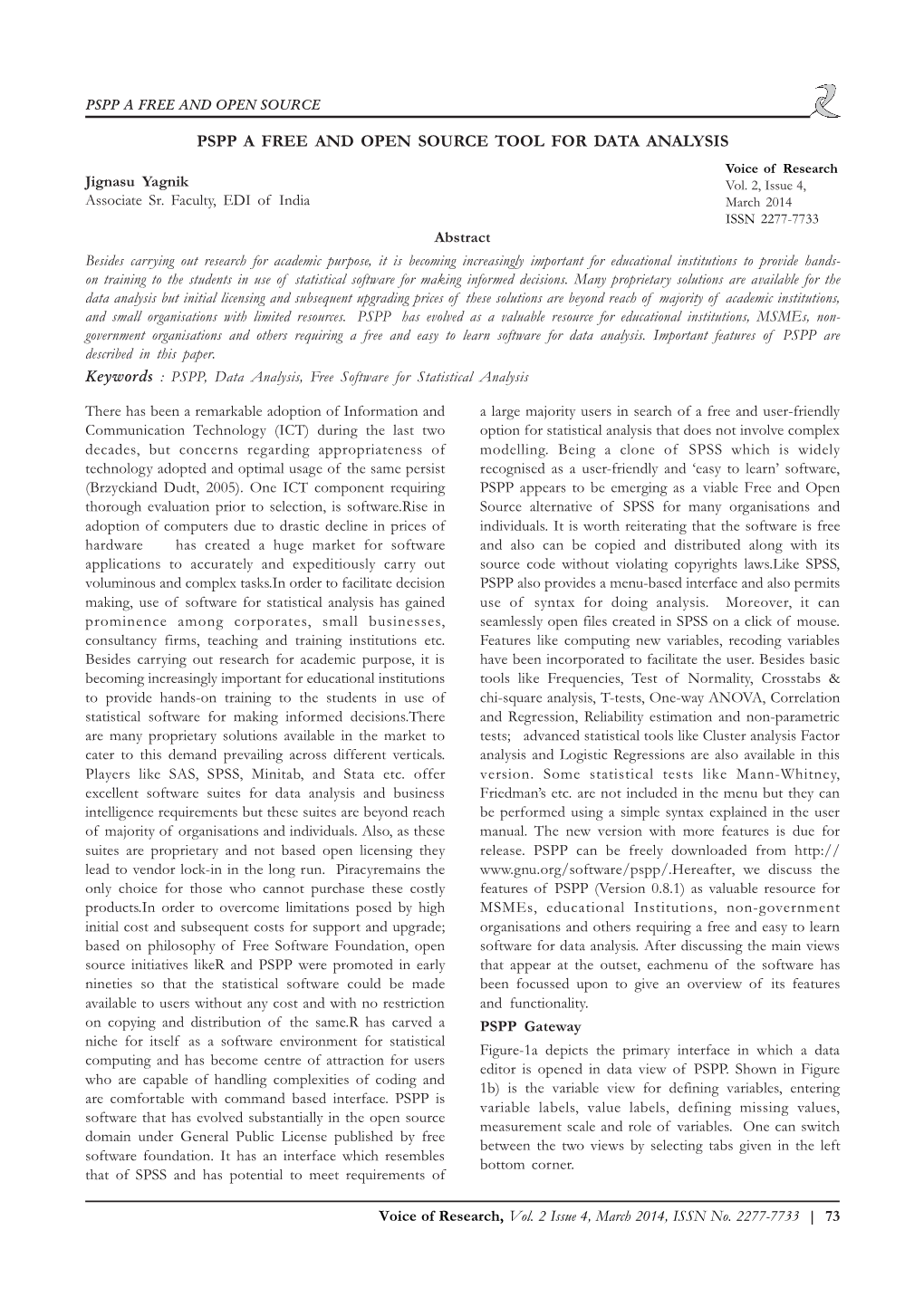 PSPP a FREE and OPEN SOURCE TOOL for DATA ANALYSIS Voice of Research Jignasu Yagnik Vol