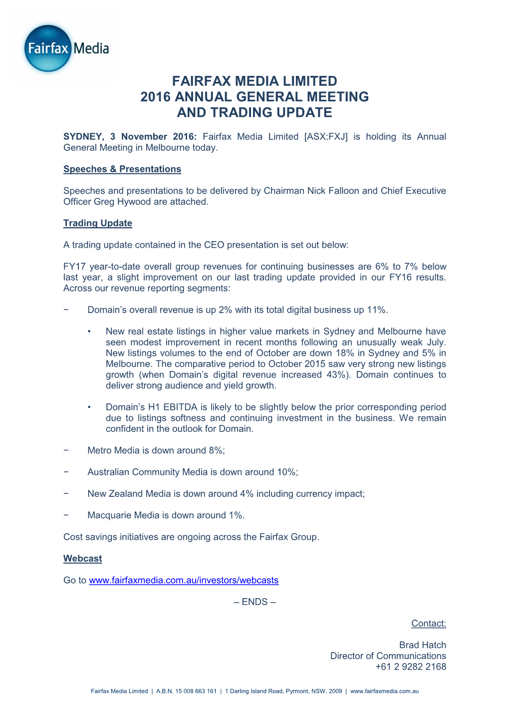 Fairfax Media Limited 2016 Annual General Meeting and Trading Update