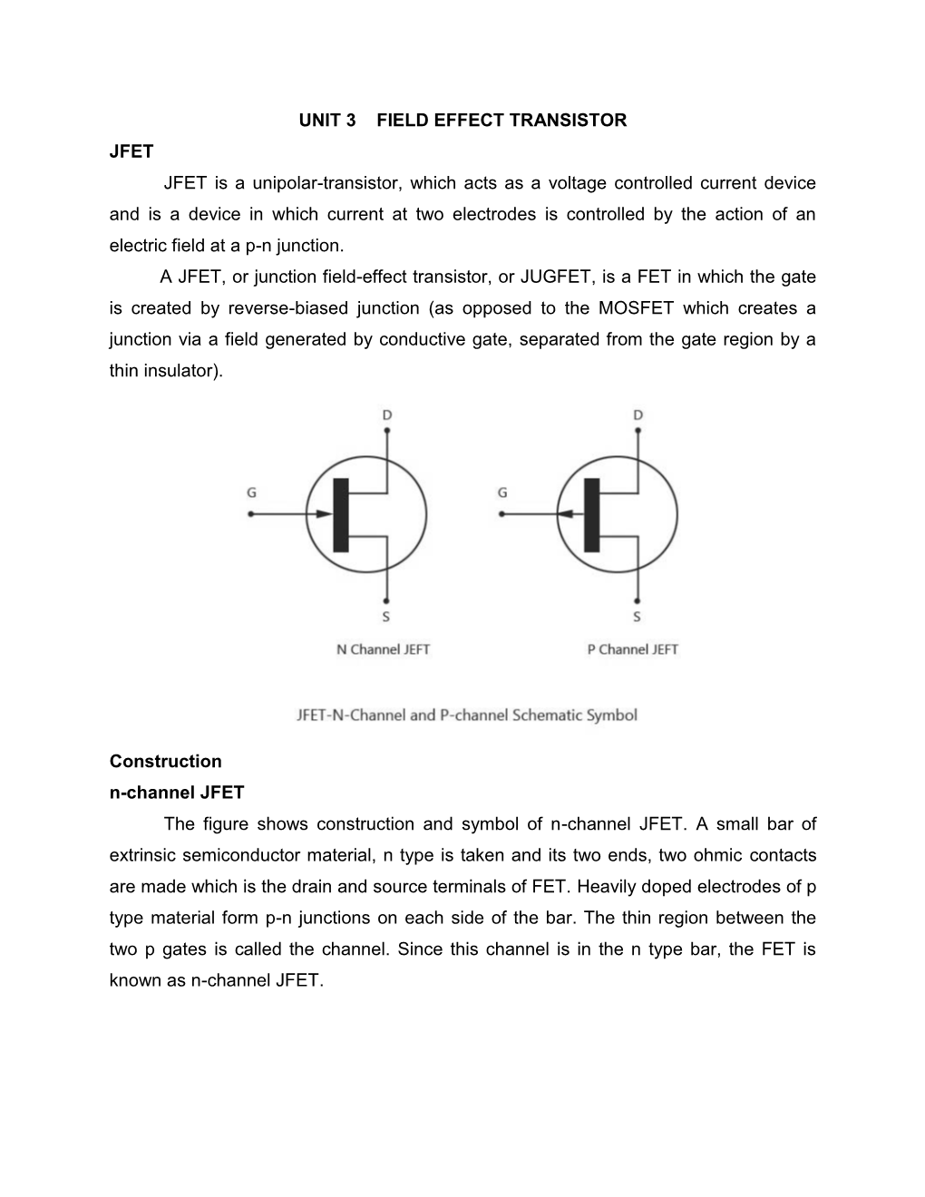 UNIT 3 FIELD EFFECT TRANSISTOR JFET JFET Is a Unipolar-Transistor