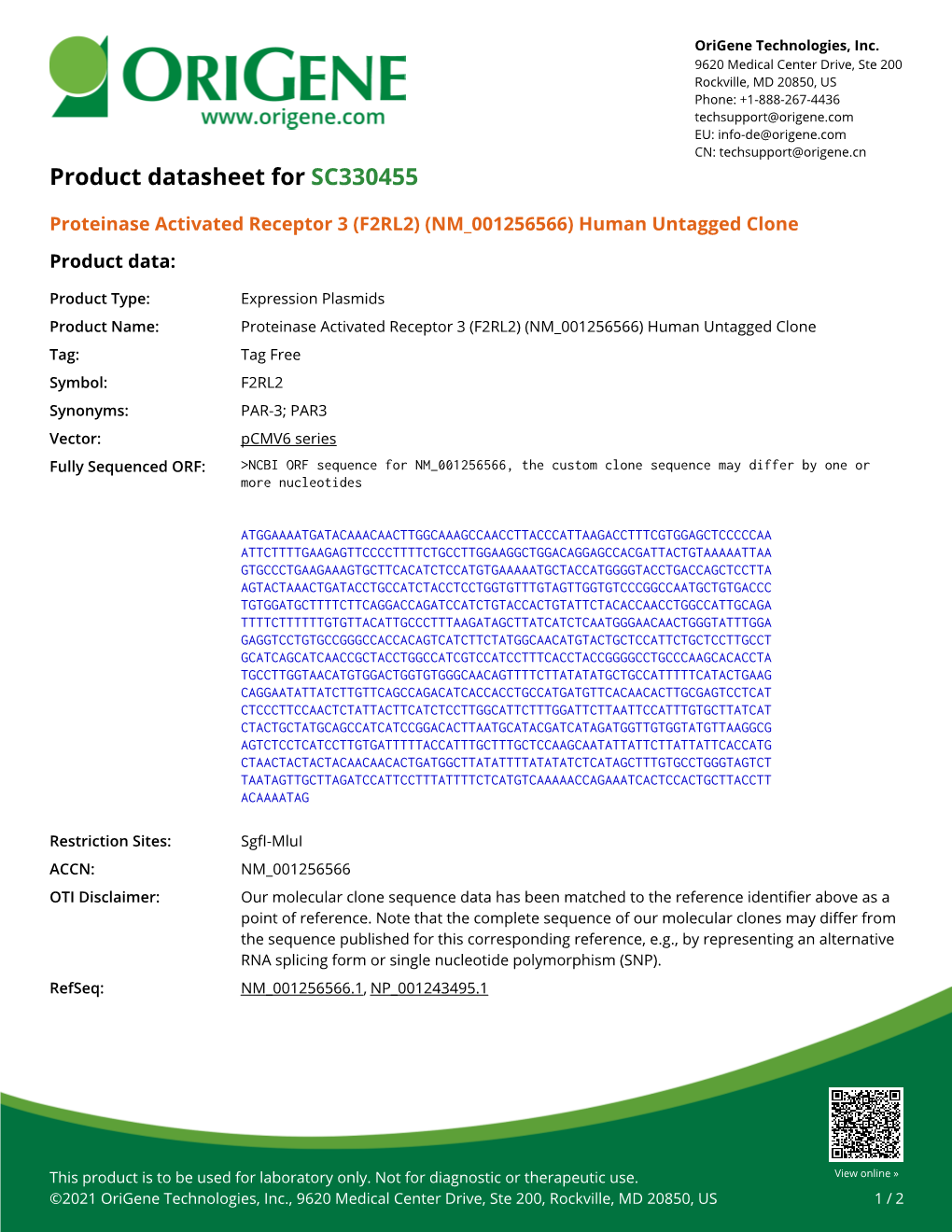 Proteinase Activated Receptor 3 (F2RL2) (NM 001256566) Human Untagged Clone Product Data