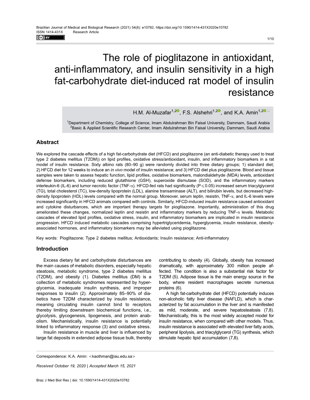 The Role of Pioglitazone in Antioxidant, Anti-Inflammatory, and Insulin Sensitivity in a High Fat-Carbohydrate Diet-Induced