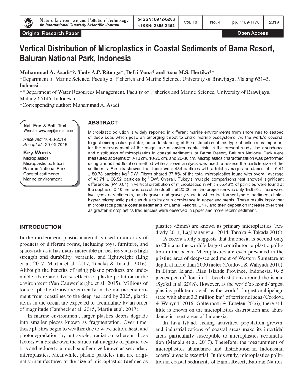 Vertical Distribution of Microplastics in Coastal Sediments of Bama Resort, Baluran National Park, Indonesia